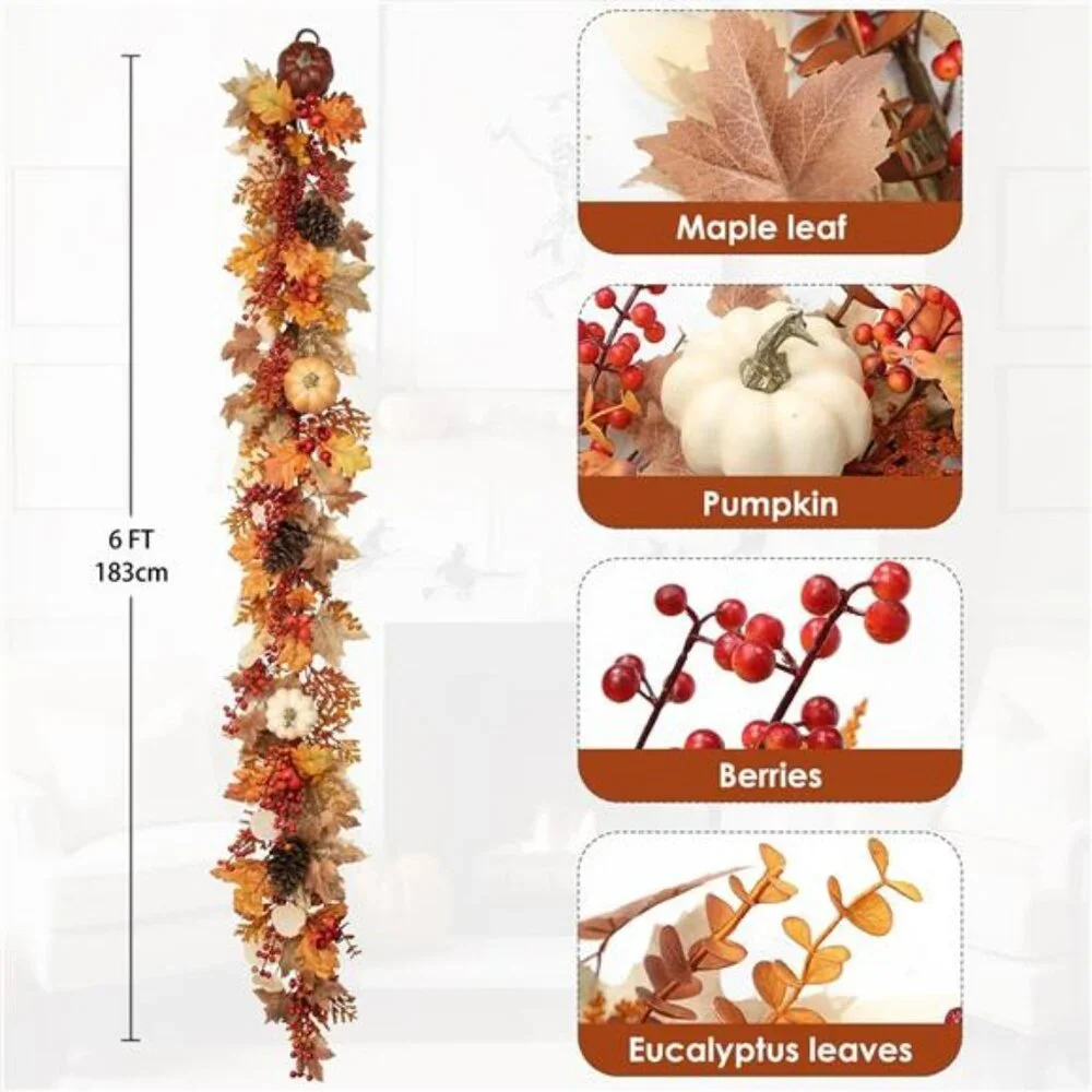 6Ft Fall Porch Decorations Outdoor for Home Backdrop Pumpkins Berries Pine Cones